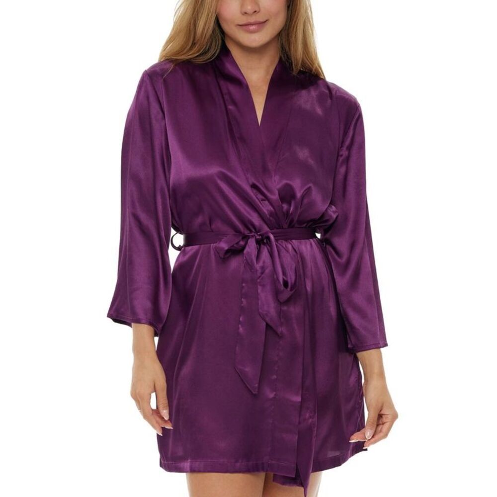 ADR Women's Short Satin Robe with Pockets & Belt - Deep Purple Size XL